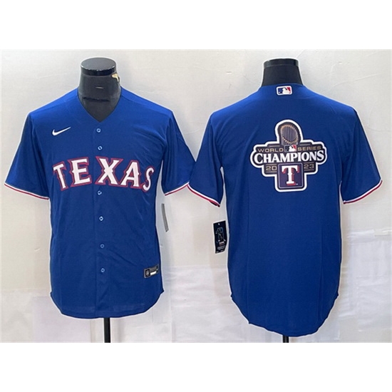 Men Texas Rangers Royal 2023 World Series Champions Big Logo Cool Base Stitched Baseball JerseySS Men Texas Rangers Royal 2023 World Series Champions Big Logo Cool Base Stitched Baseball JerseySS