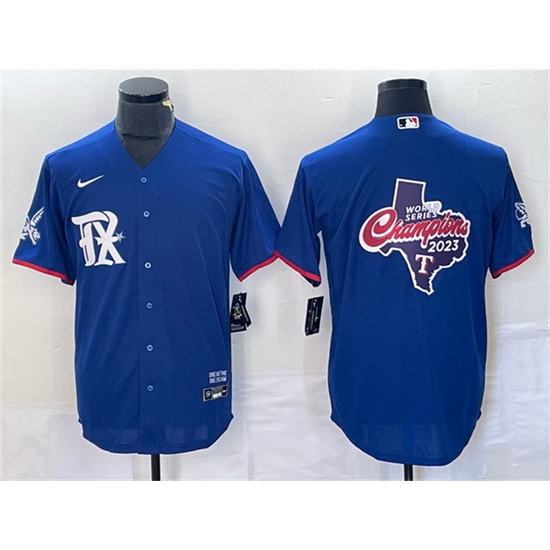 Men Texas Rangers Royal 2023 World Series Champions Big Logo Cool Base Stitched Baseball JerseyS Men Texas Rangers Royal 2023 World Series Champions Big Logo Cool Base Stitched Baseball JerseyS
