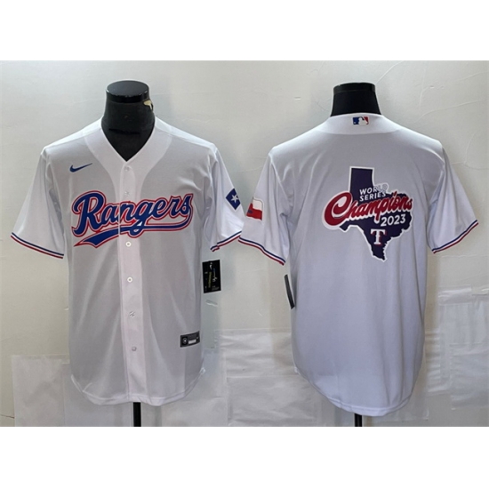 Men Texas Rangers White 2023 World Series Champions Big Logo With Patch Cool Base Stitched Baseball Jersey Men Texas Rangers White 2023 World Series Champions Big Logo With Patch Cool Base Stitched Baseball Jersey