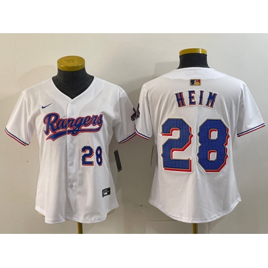 Women Texas Rangers 28 Jonah Heim White Gold Cool Base Stitched Baseball Jersey Women Texas Rangers 28 Jonah Heim White Gold Cool Base Stitched Baseball Jersey