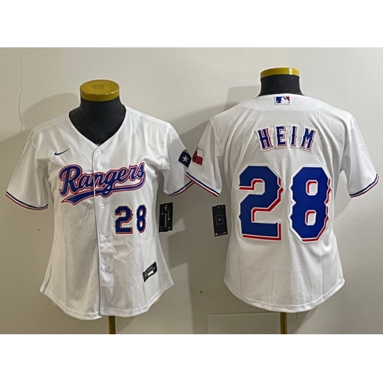 Women Texas Rangers 28 Jonah Heim White With Patch Stitched Baseball Jersey 1 Women Texas Rangers 28 Jonah Heim White With Patch Stitched Baseball Jersey 1