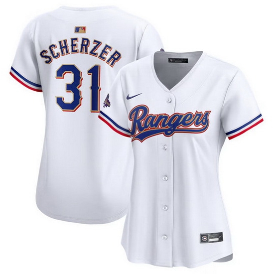 Women Texas Rangers 31 Max Scherzer White 2024 Gold Collection Stitched Baseball Jersey Women Texas Rangers 31 Max Scherzer White 2024 Gold Collection Stitched Baseball Jersey