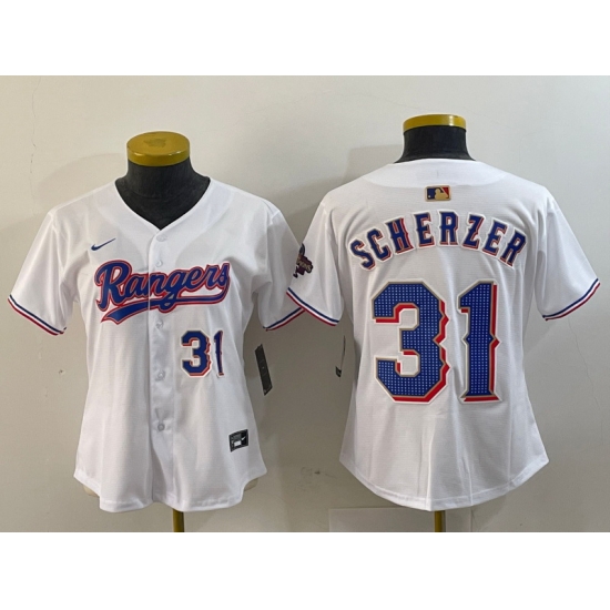 Women Texas Rangers 31 Max Scherzer White Gold Stitched Baseball Jersey 1 Women Texas Rangers 31 Max Scherzer White Gold Stitched Baseball Jersey 1