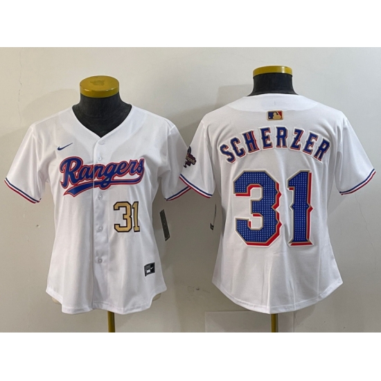 Women Texas Rangers 31 Max Scherzer White Gold Stitched Baseball Jersey 4 Women Texas Rangers 31 Max Scherzer White Gold Stitched Baseball Jersey 4