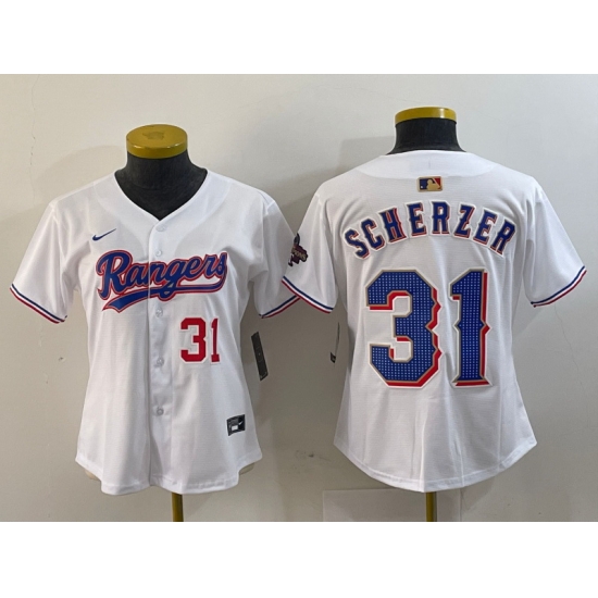Women Texas Rangers 31 Max Scherzer White Gold Stitched Baseball Jersey 8 Women Texas Rangers 31 Max Scherzer White Gold Stitched Baseball Jersey 8