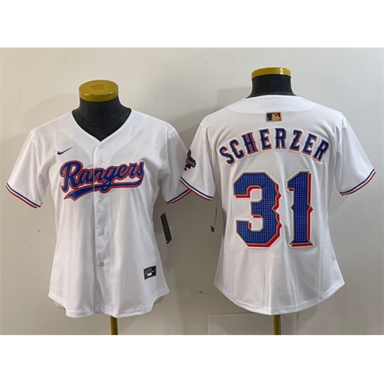 Women Texas Rangers 31 Max Scherzer White Gold Stitched Baseball Jersey Women Texas Rangers 31 Max Scherzer White Gold Stitched Baseball Jersey