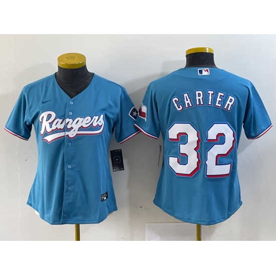 Women Texas Rangers 32 Evan Carter Blue With Patch Stitched Baseball Jersey Women Texas Rangers 32 Evan Carter Blue With Patch Stitched Baseball Jersey
