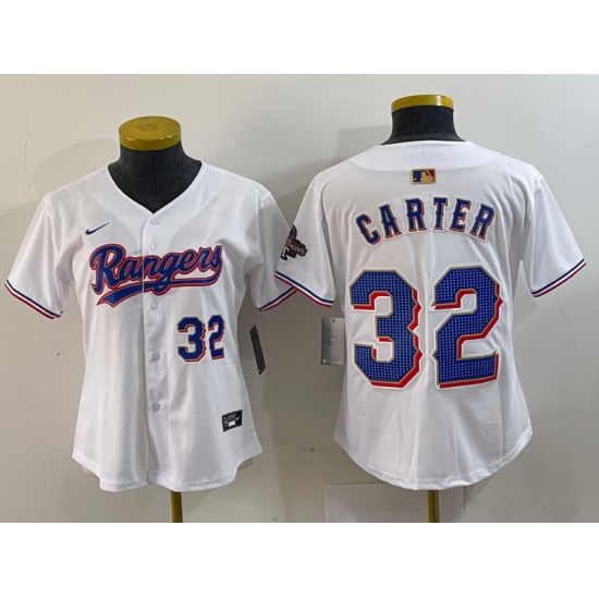 Women Texas Rangers 32 Evan Carter White Gold Stitched Baseball Jersey 1 Women Texas Rangers 32 Evan Carter White Gold Stitched Baseball Jersey 1