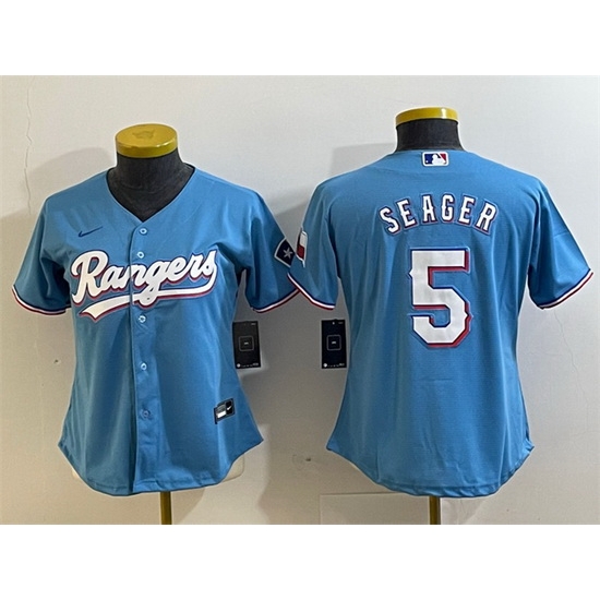 Women Texas Rangers 5 Corey Seager Blue With Patch Stitched Baseball Jersey 28Run Small 29 Women Texas Rangers 5 Corey Seager Blue With Patch Stitched Baseball Jersey 28Run Small 29