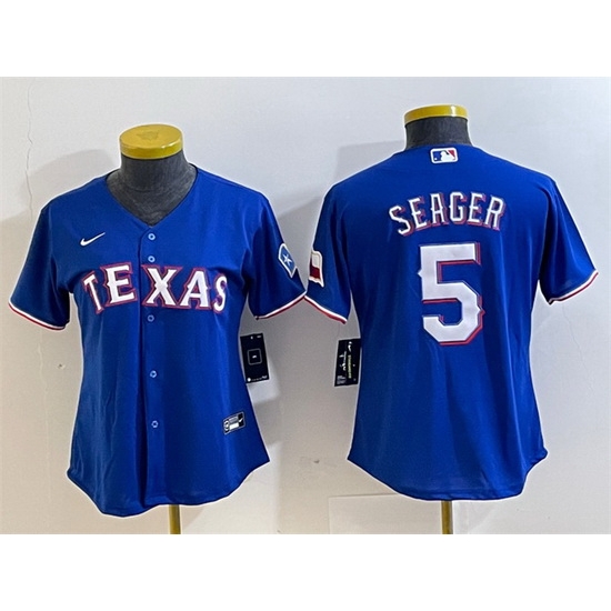 Women Texas Rangers 5 Corey Seager Royal With Patch Stitched Baseball Jersey 28Run Small 29 Women Texas Rangers 5 Corey Seager Royal With Patch Stitched Baseball Jersey 28Run Small 29