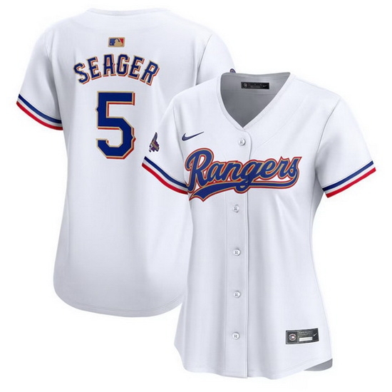 Women Texas Rangers 5 Corey Seager White 2024 Gold Collection Stitched Baseball Jersey Women Texas Rangers 5 Corey Seager White 2024 Gold Collection Stitched Baseball Jersey
