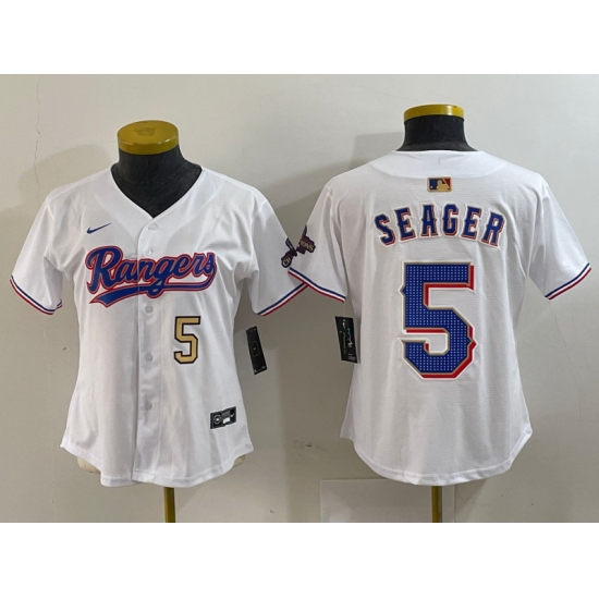 Women Texas Rangers 5 Corey Seager White Gold Stitched Baseball Jersey 1 Women Texas Rangers 5 Corey Seager White Gold Stitched Baseball Jersey 1