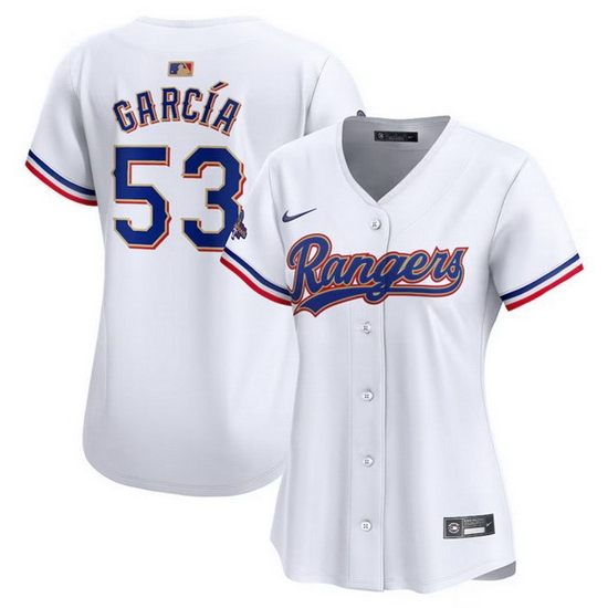 Women Texas Rangers 53 Adolis Garcia White 2024 Gold Collection Stitched Baseball Jersey Women Texas Rangers 53 Adolis Garcia White 2024 Gold Collection Stitched Baseball Jersey