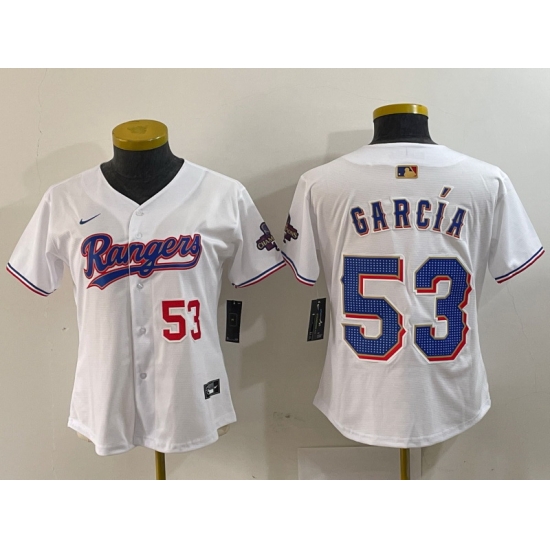 Women Texas Rangers 53 Adolis Garcia White Gold Stitched Baseball Jersey 1 Women Texas Rangers 53 Adolis Garcia White Gold Stitched Baseball Jersey 1