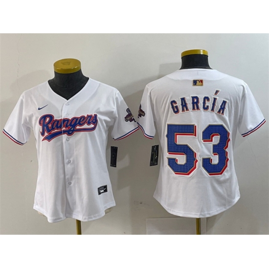 Women Texas Rangers 53 Adolis Garcia White Gold Stitched Baseball Jersey Women Texas Rangers 53 Adolis Garcia White Gold Stitched Baseball Jersey