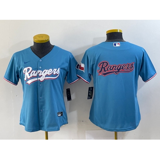 Women Texas Rangers Blue Team Big Logo With Patch Stitched Baseball Jersey 4 Women Texas Rangers Blue Team Big Logo With Patch Stitched Baseball Jersey 4