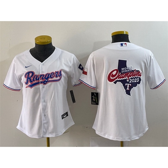 Women Texas Rangers White 2023 World Series Champions Big Logo With Patch Stitched Baseball Jersey 28Run Small 29 Women Texas Rangers White 2023 World Series Champions Big Logo With Patch Stitched Baseball Jersey 28Run Small 29