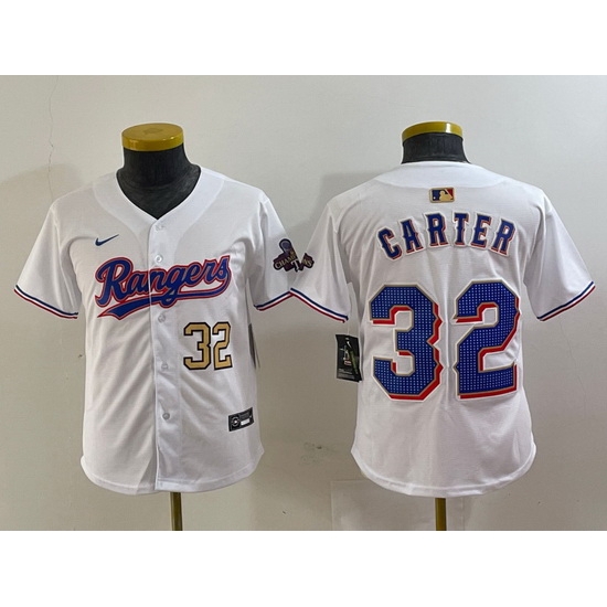 Youth Texas Rangers 32 Evan Carter White Gold Stitched Baseball Jersey II Youth Texas Rangers 32 Evan Carter White Gold Stitched Baseball Jersey II