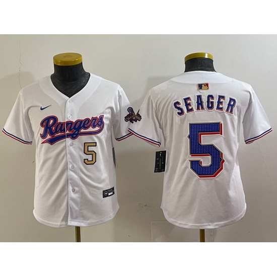 Youth Texas Rangers 5 Corey Seager White Gold Stitched Baseball Jersey 1 Youth Texas Rangers 5 Corey Seager White Gold Stitched Baseball Jersey 1