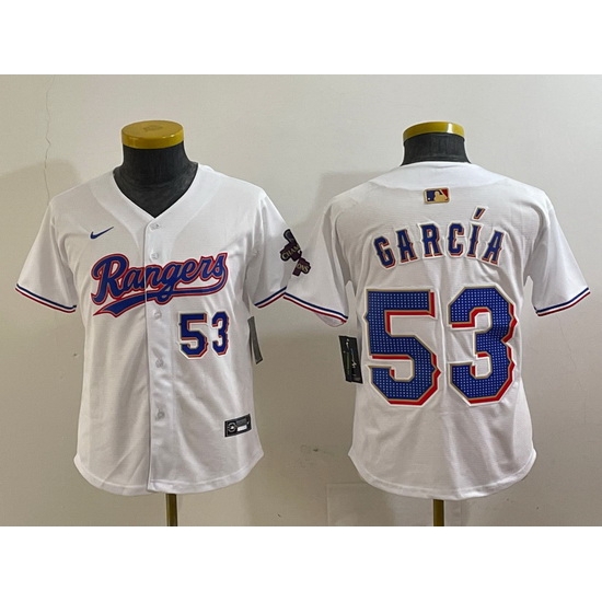 Youth Texas Rangers 53 Adolis Garcia White Gold Cool Base Stitched Baseball Jersey 1 Youth Texas Rangers 53 Adolis Garcia White Gold Cool Base Stitched Baseball Jersey 1