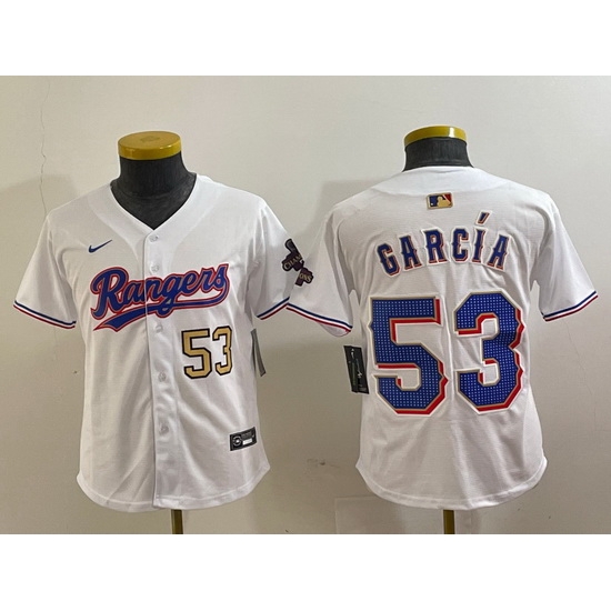 Youth Texas Rangers 53 Adolis Garcia White Gold Cool Base Stitched Baseball Jersey 8 Youth Texas Rangers 53 Adolis Garcia White Gold Cool Base Stitched Baseball Jersey 8