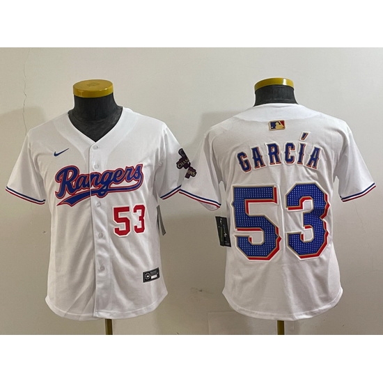 Youth Texas Rangers 53 Adolis Garcia White Gold Cool Base Stitched Baseball Jersey Youth Texas Rangers 53 Adolis Garcia White Gold Cool Base Stitched Baseball Jersey