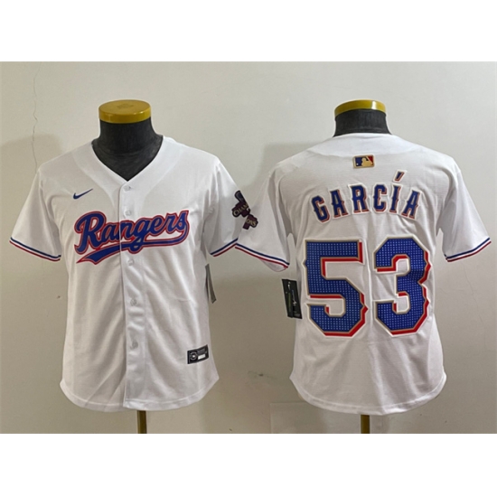 Youth Texas Rangers 53 Adolis Garcia White Gold Stitched Baseball Jersey Youth Texas Rangers 53 Adolis Garcia White Gold Stitched Baseball Jersey
