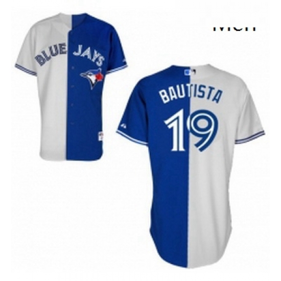 Mens Majestic Toronto Blue Jays 19 Jose Bautista Replica BlueWhite Split Fashion MLB Jersey Mens Majestic Toronto Blue Jays 19 Jose Bautista Replica BlueWhite Split Fashion MLB Jersey