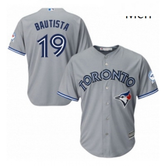 Mens Majestic Toronto Blue Jays 19 Jose Bautista Replica Grey Road 40th Anniversary Patch MLB Jersey Mens Majestic Toronto Blue Jays 19 Jose Bautista Replica Grey Road 40th Anniversary Patch MLB Jersey