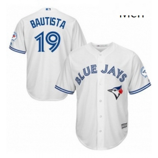 Mens Majestic Toronto Blue Jays 19 Jose Bautista Replica White Home 40th Anniversary Patch MLB Jersey Mens Majestic Toronto Blue Jays 19 Jose Bautista Replica White Home 40th Anniversary Patch MLB Jersey