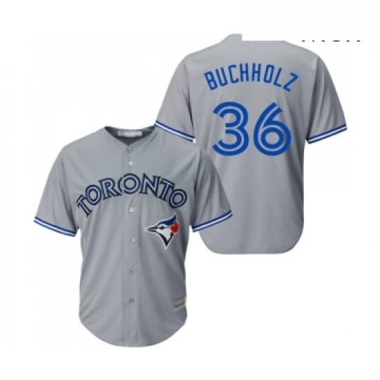 Mens Toronto Blue Jays 36 Clay Buchholz Replica Grey Road Baseball Jersey Mens Toronto Blue Jays 36 Clay Buchholz Replica Grey Road Baseball Jersey