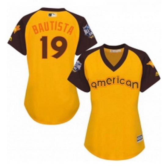 Womens Majestic Toronto Blue Jays 19 Jose Bautista Authentic Yellow 2016 All Star American League BP Cool Base MLB Jersey Womens Majestic Toronto Blue Jays 19 Jose Bautista Authentic Yellow 2016 All Star American League BP Cool Base MLB Jersey