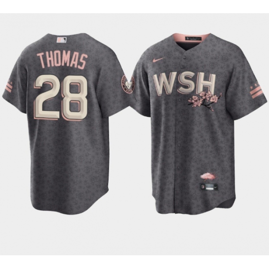 Men Washington Nationals 28 Lane Thomas 2022 Grey City Connect Cherry Blossom Cool Base Stitched jersey Men Washington Nationals 28 Lane Thomas 2022 Grey City Connect Cherry Blossom Cool Base Stitched jersey
