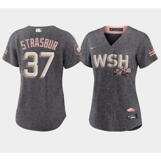 Women's Washington Nationals #37 Stephen Strasburg 2022 Gray City Connect Cherry Blossom Stitched Jersey Women's Washington Nationals #37 Stephen Strasburg 2022 Gray City Connect Cherry Blossom Stitched Jersey