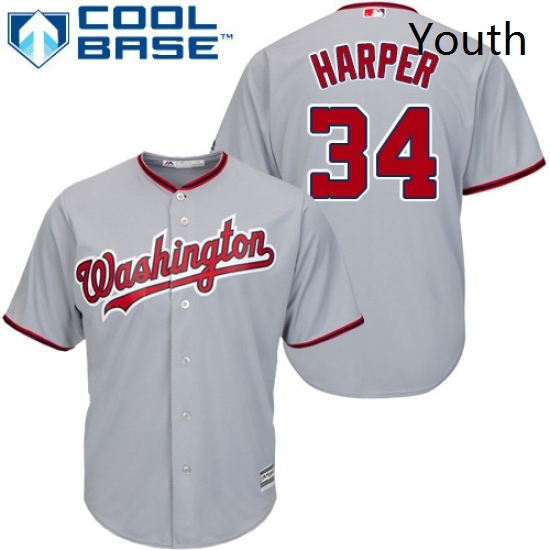 Youth Majestic Washington Nationals 34 Bryce Harper Replica Grey Road Cool Base MLB Jersey