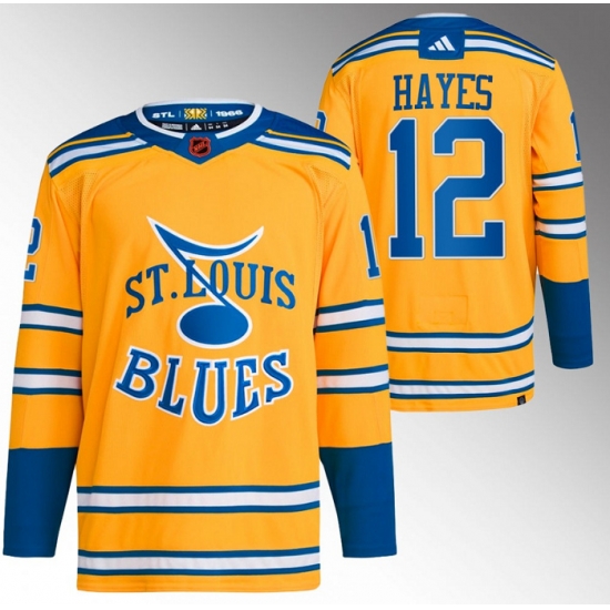 Men St Louis Blues 12 Kevin Hayes Yellow 2022 23 Reverse Retro Stitched Jersey Men St Louis Blues 12 Kevin Hayes Yellow 2022 23 Reverse Retro Stitched Jersey