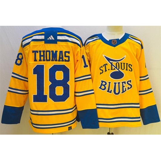 Men St Louis Blues 18 Robert Thomas Yellow 2022 23 Reverse Retro Stitched Jersey Men St Louis Blues 18 Robert Thomas Yellow 2022 23 Reverse Retro Stitched Jersey