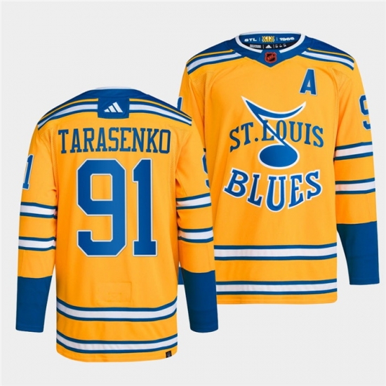 Men St Louis Blues 91 Vladimir Tarasenko Yellow 2022 23 Reverse Retro Stitched Jersey Men St Louis Blues 91 Vladimir Tarasenko Yellow 2022 23 Reverse Retro Stitched Jersey