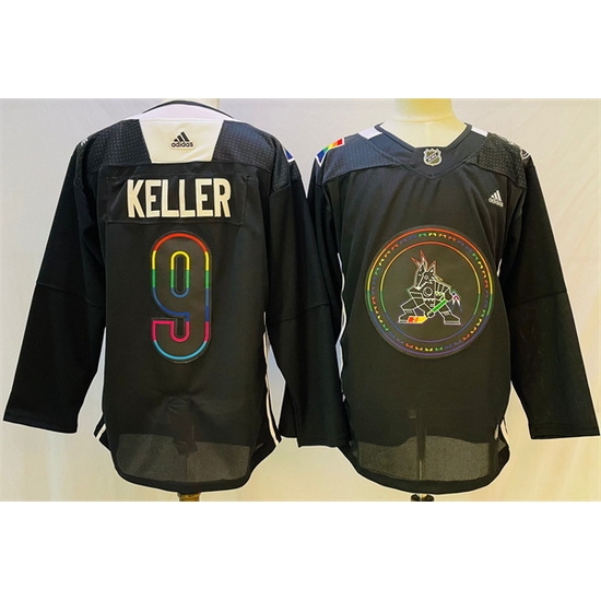 Men Arizona Coyotes 9 Clayton Keller 2022 Black Pride Night Stitched Jersey Men Arizona Coyotes 9 Clayton Keller 2022 Black Pride Night Stitched Jersey