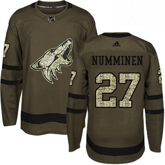 Mens Adidas Arizona Coyotes 27 Teppo Numminen Premier Green Salute to Service NHL Jersey 