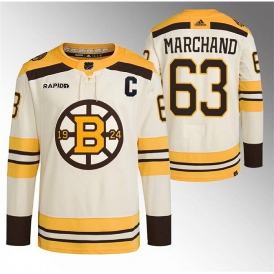 Men Boston Bruins 63 Brad Marchand Cream With Rapid7 Patch 100th Anniversary Stitched Jersey Men Boston Bruins 63 Brad Marchand Cream With Rapid7 Patch 100th Anniversary Stitched Jersey