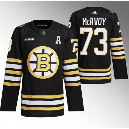 Men Boston Bruins 73 Charlie McAvoy Black With Rapid7 Patch 100th Anniversary Stitched Jersey Men Boston Bruins 73 Charlie McAvoy Black With Rapid7 Patch 100th Anniversary Stitched Jersey