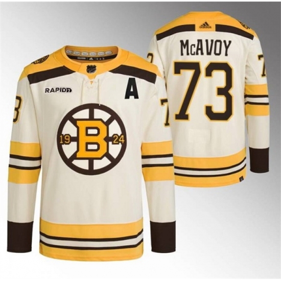Men Boston Bruins 73 Charlie McAvoy Cream With Rapid7 Patch 100th Anniversary Stitched Jersey Men Boston Bruins 73 Charlie McAvoy Cream With Rapid7 Patch 100th Anniversary Stitched Jersey