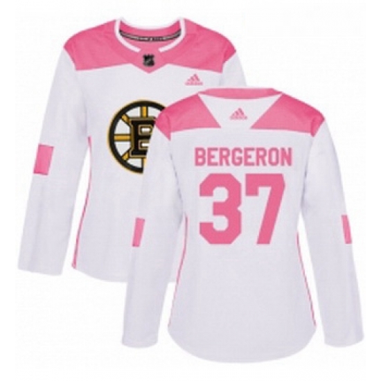 Womens Adidas Boston Bruins 37 Patrice Bergeron Authentic WhitePink Fashion NHL Jersey Womens Adidas Boston Bruins 37 Patrice Bergeron Authentic WhitePink Fashion NHL Jersey