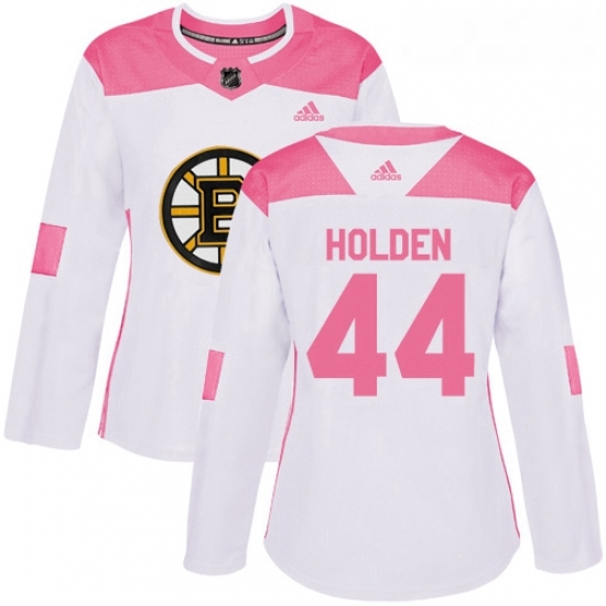 Womens Adidas Boston Bruins 44 Nick Holden Authentic White Pink Fashion NHL Jersey 