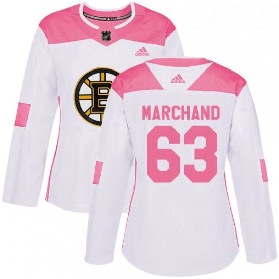 Womens Adidas Boston Bruins 63 Brad Marchand Authentic WhitePink Fashion NHL Jersey Womens Adidas Boston Bruins 63 Brad Marchand Authentic WhitePink Fashion NHL Jersey