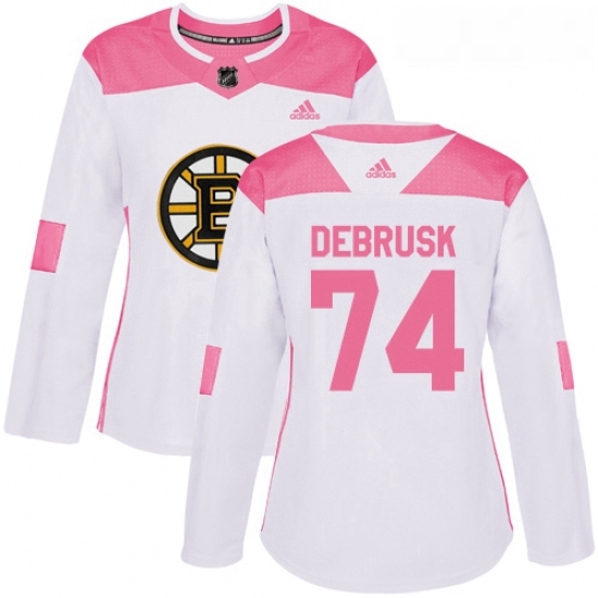 Womens Adidas Boston Bruins 74 Jake DeBrusk Authentic WhitePink Fashion NHL Jersey Womens Adidas Boston Bruins 74 Jake DeBrusk Authentic WhitePink Fashion NHL Jersey