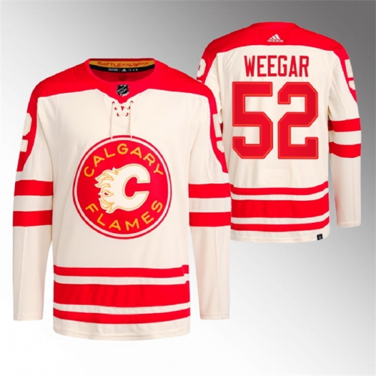 Men Calgary Flames 52 MacKenzie Weegar 2023 Cream Heritage Classic Primegreen Stitched Jersey