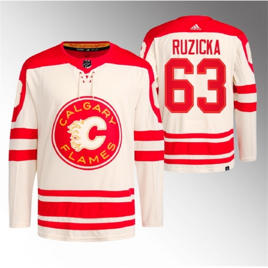 Men Calgary Flames 63 Adam Ruzicka 2023 Cream Heritage Classic Primegreen Stitched Jersey Men Calgary Flames 63 Adam Ruzicka 2023 Cream Heritage Classic Primegreen Stitched Jersey
