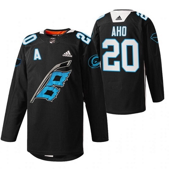 Men Carolina Hurricanes 20 Sebastian Aho 2022 Black Warm Up Stitched Jersey Men Carolina Hurricanes 20 Sebastian Aho 2022 Black Warm Up Stitched Jersey